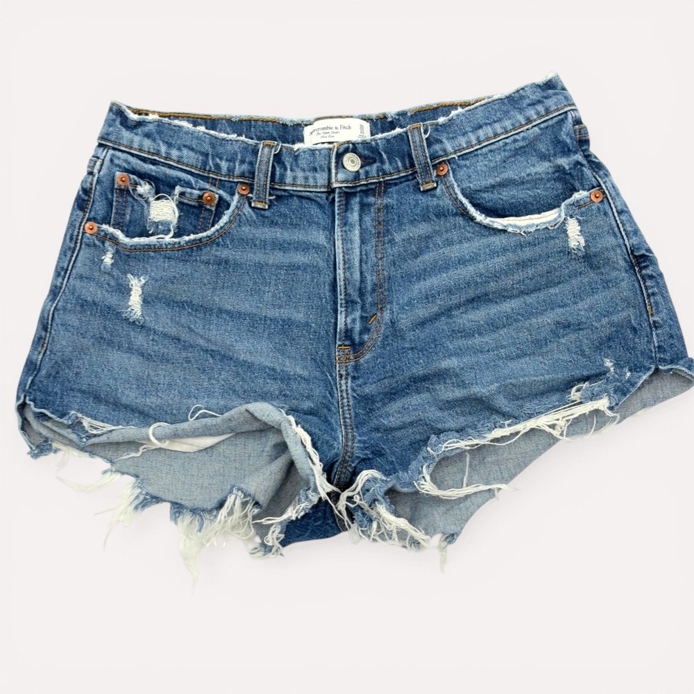 Abercrombie & Fitch‎ Curve Love Mom Short Mid Rise Distressed Denim Blue Size 30
